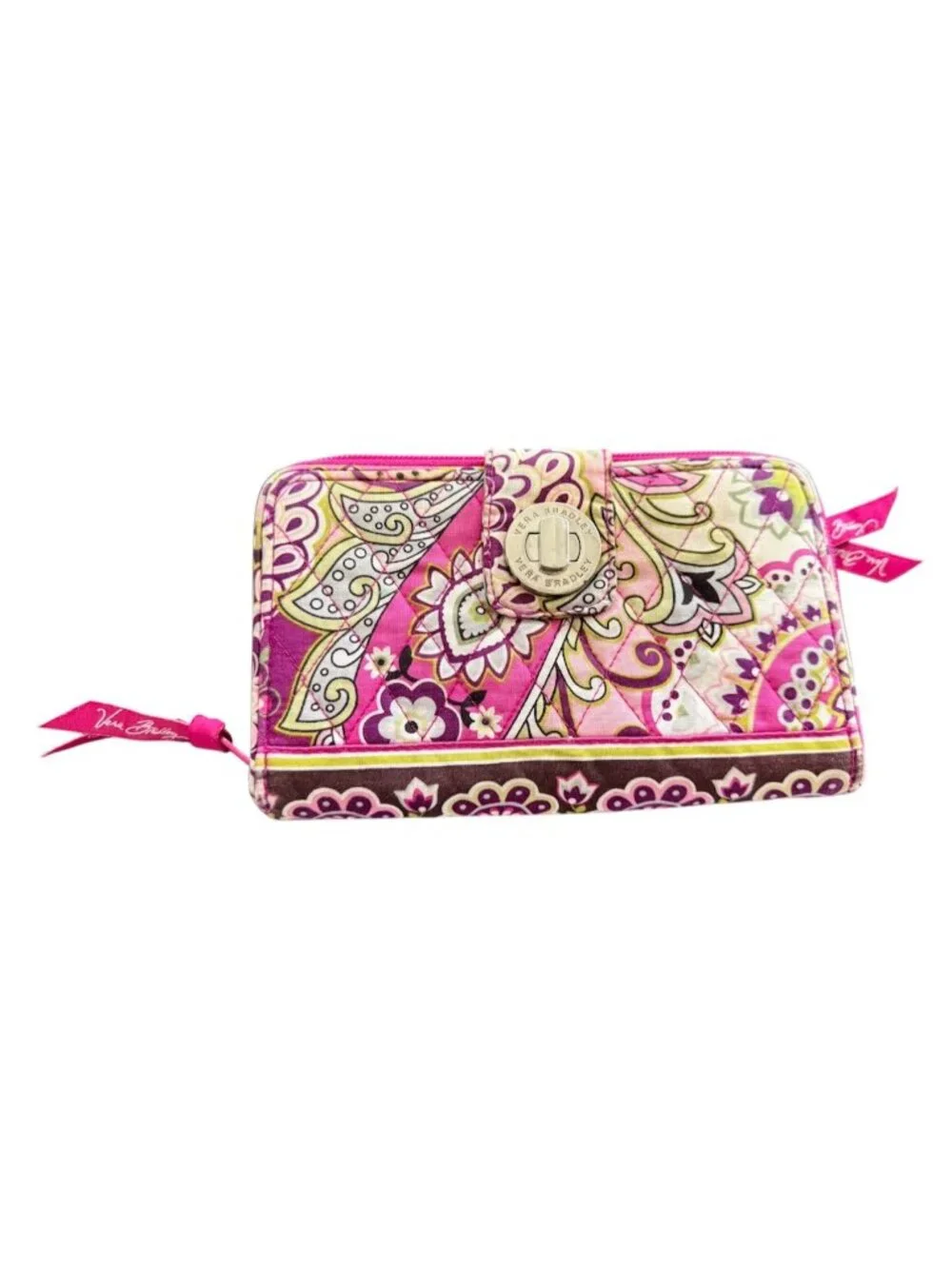 Vera Bradley Turnlock Large Pink Wallet Very Berry Paisley Floral Zip Clutch
